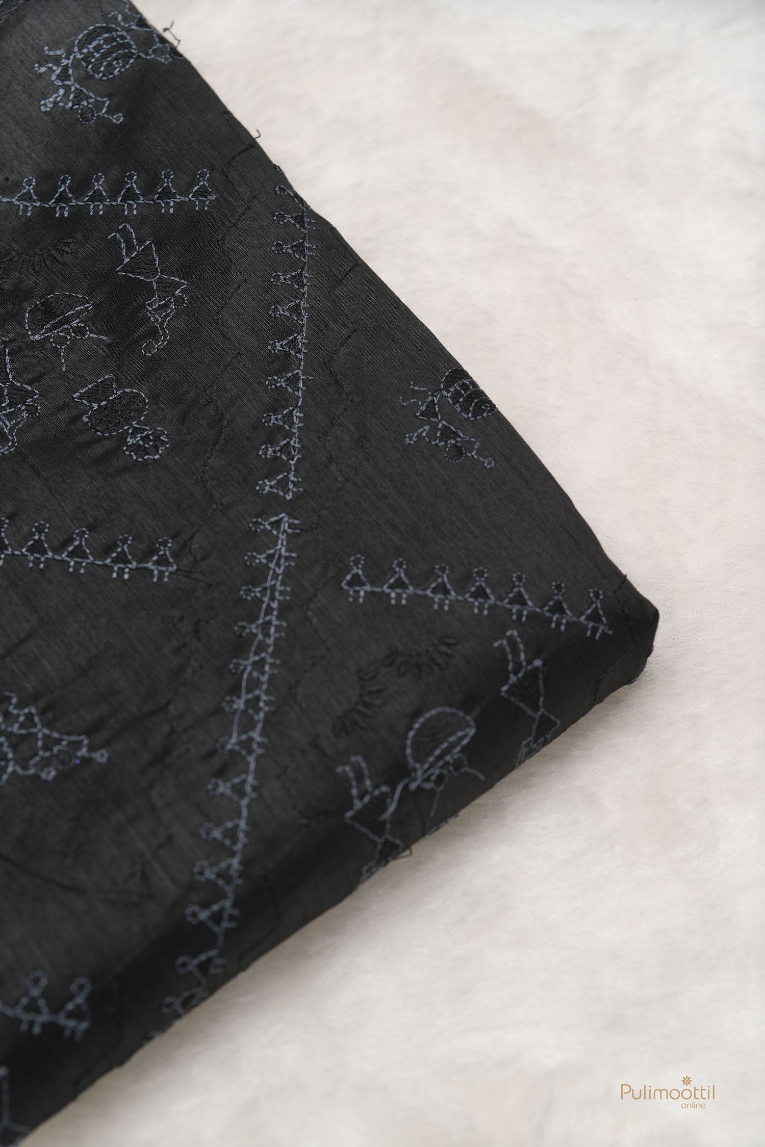 Back color Semi Tussar saree with tribal thread design and stripe border