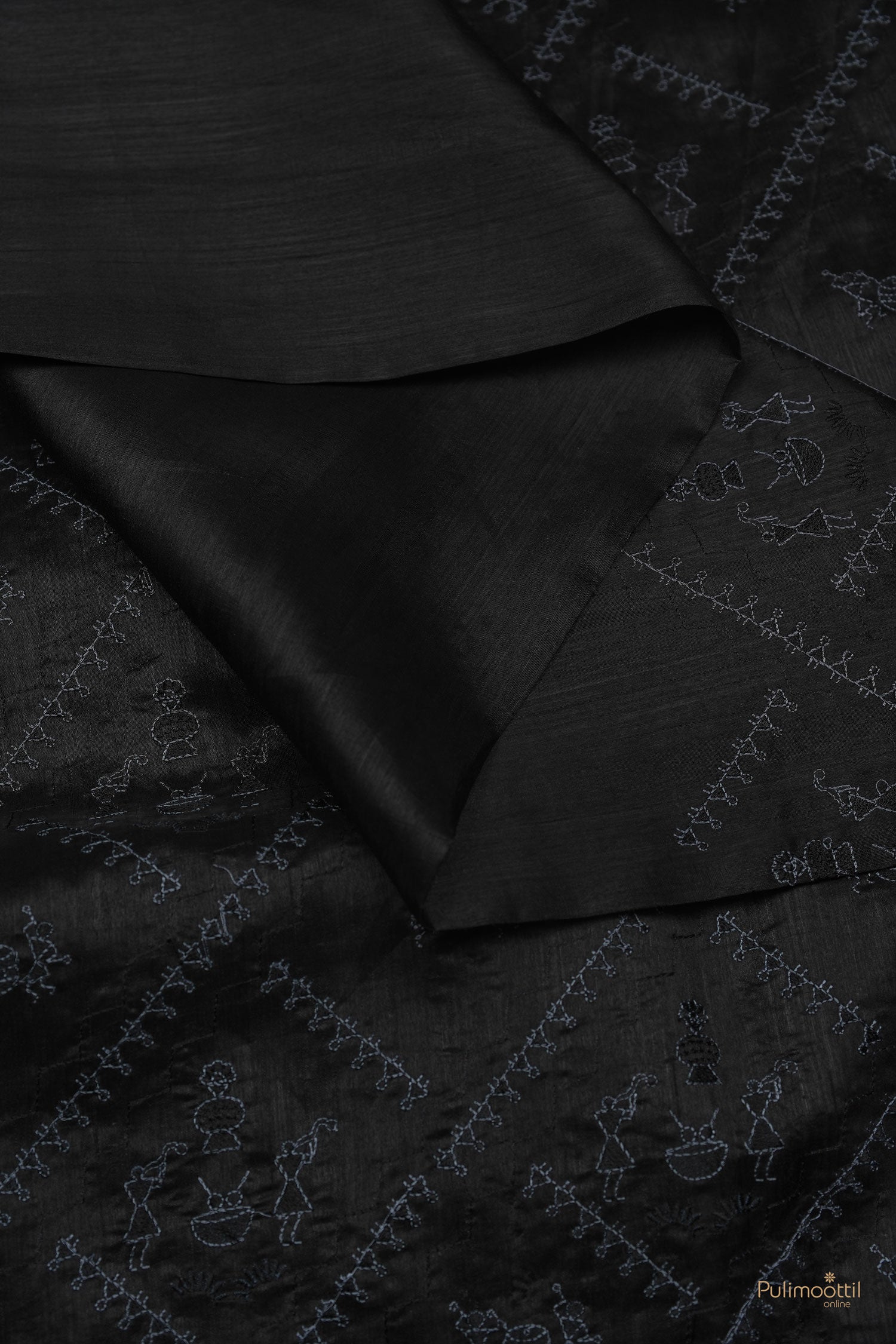 Black Semi Tussar saree with plain blouse piece and tribal thread embroidery on saree body – Pulimoottil Silks