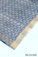 Ash blue & beige color jute silk saree.