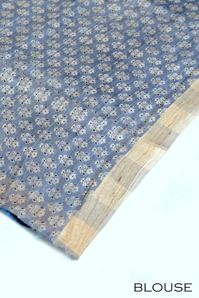 Ash blue & beige color jute silk saree.