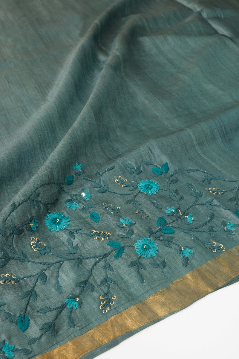 Peacock Blue Color Tussar Silk Saree