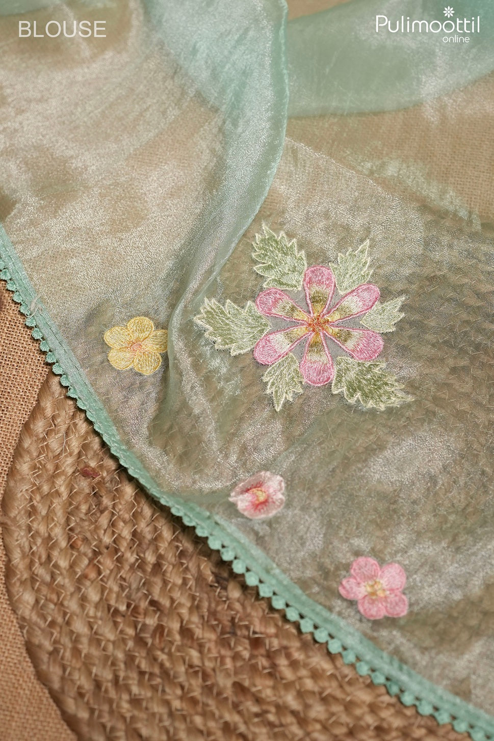 Mint blue color tissue organza fancy saree