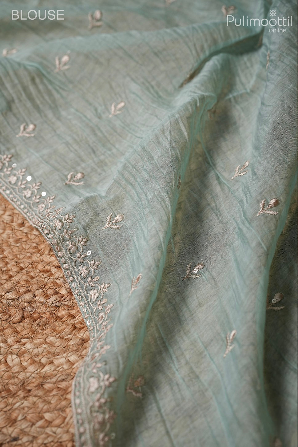 Light mint blue color crushed Chanderi silk saree