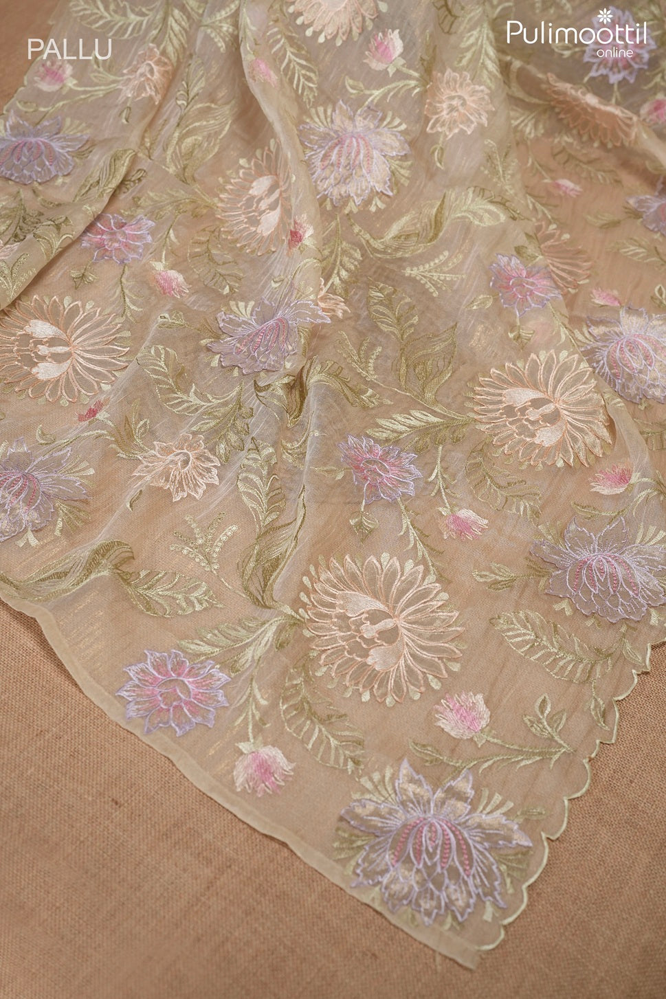 Light chikoo color golden tissue crushed organza fancy saree