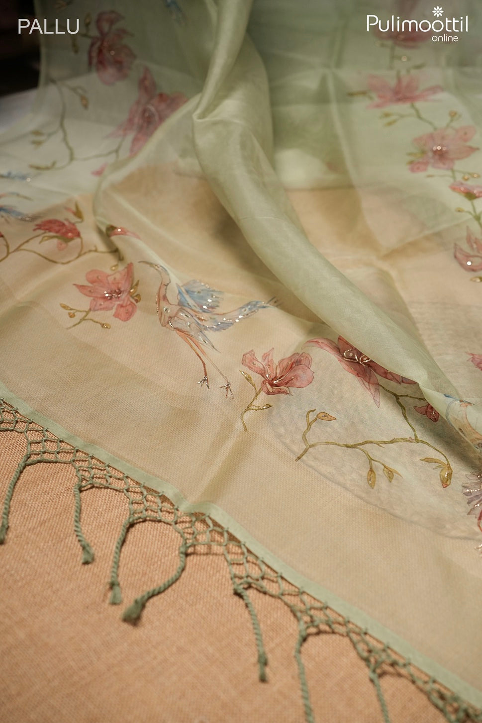Pastel green color organza saree