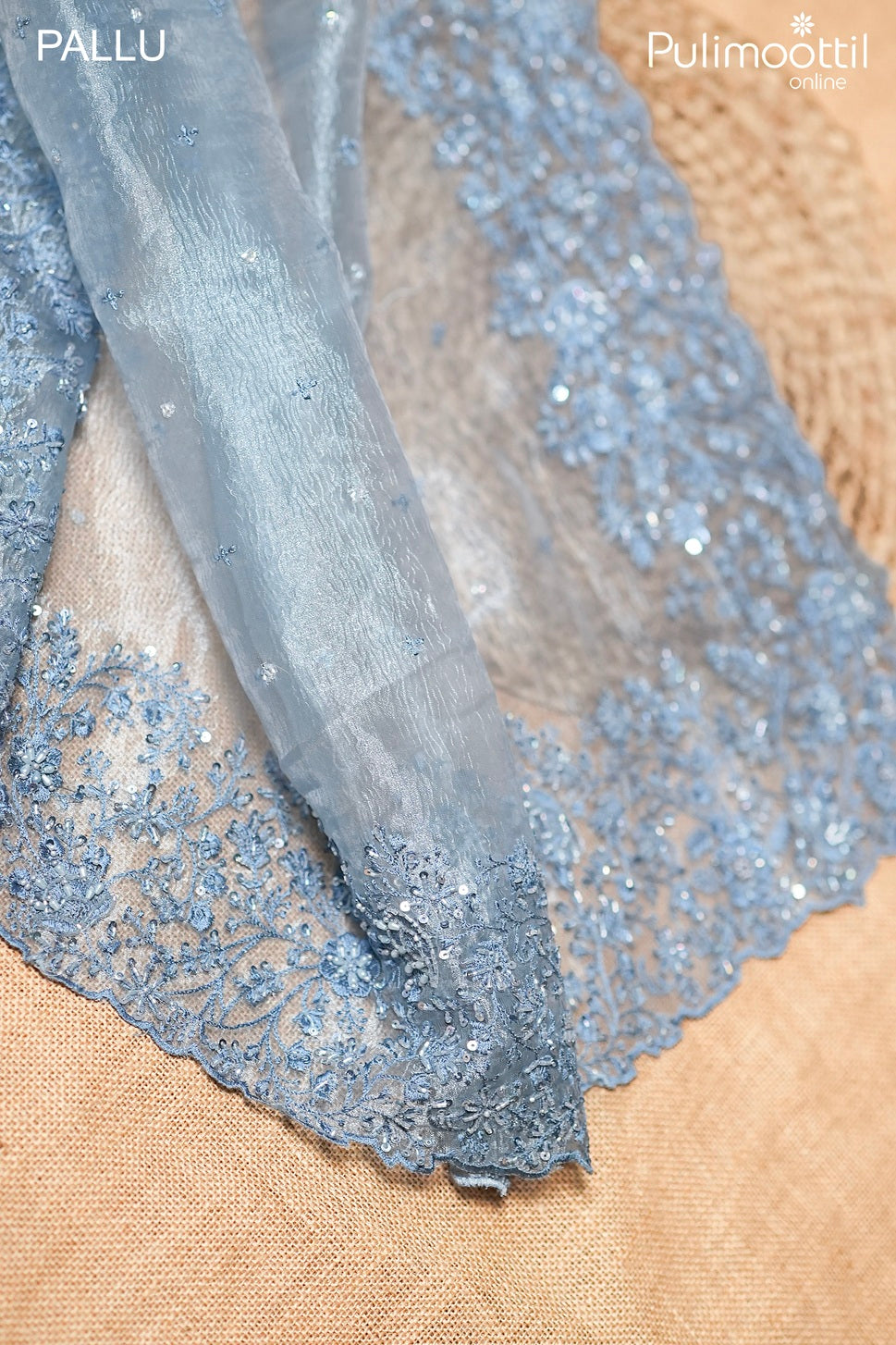 Blue grey color crushed organza fancy saree