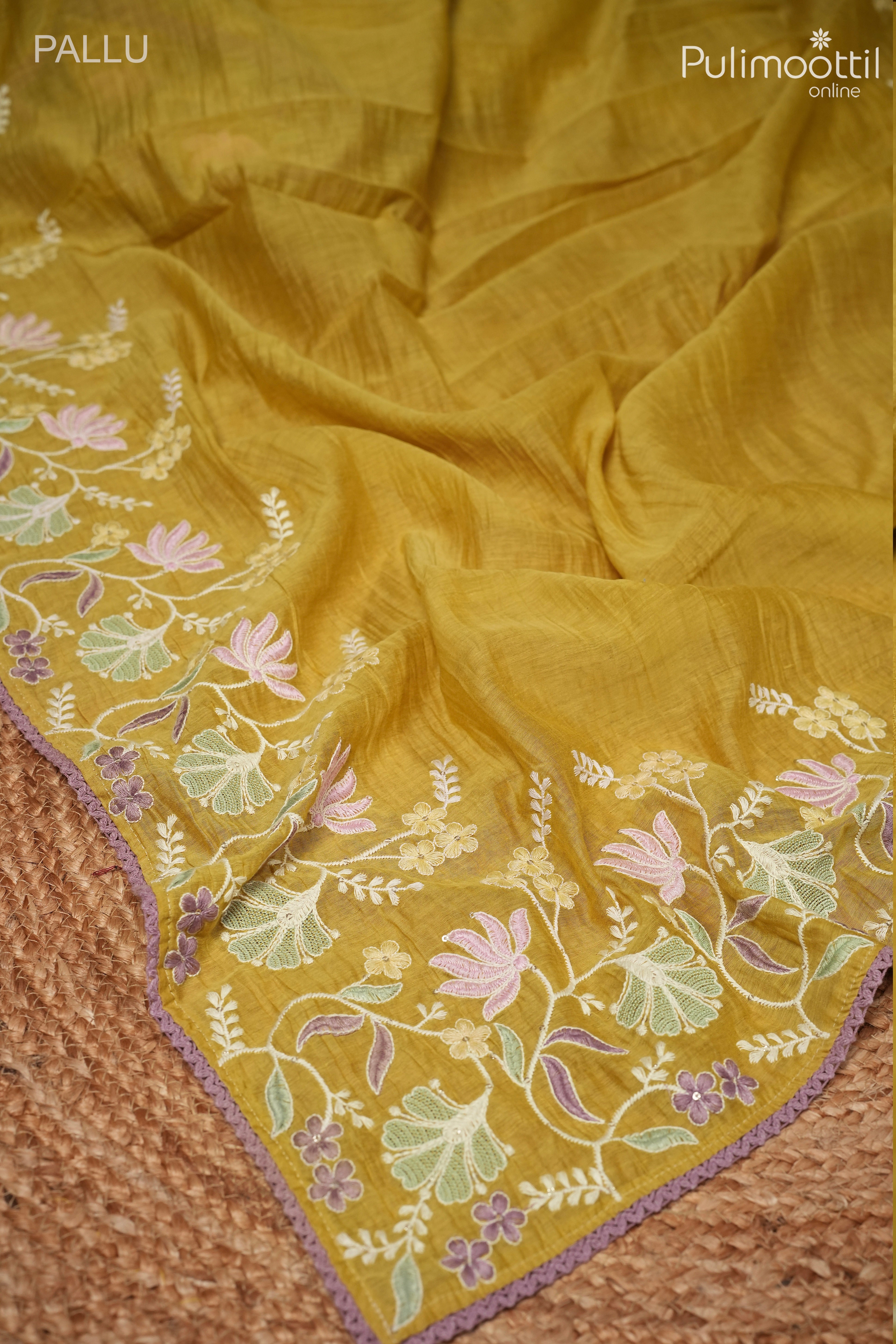 Olive yellow color crushed Chanderi silk saree