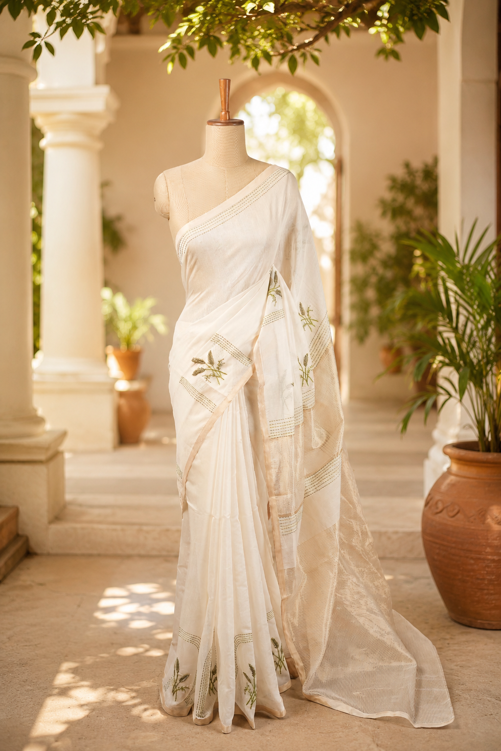 Off-white color Kerala paddy design saree