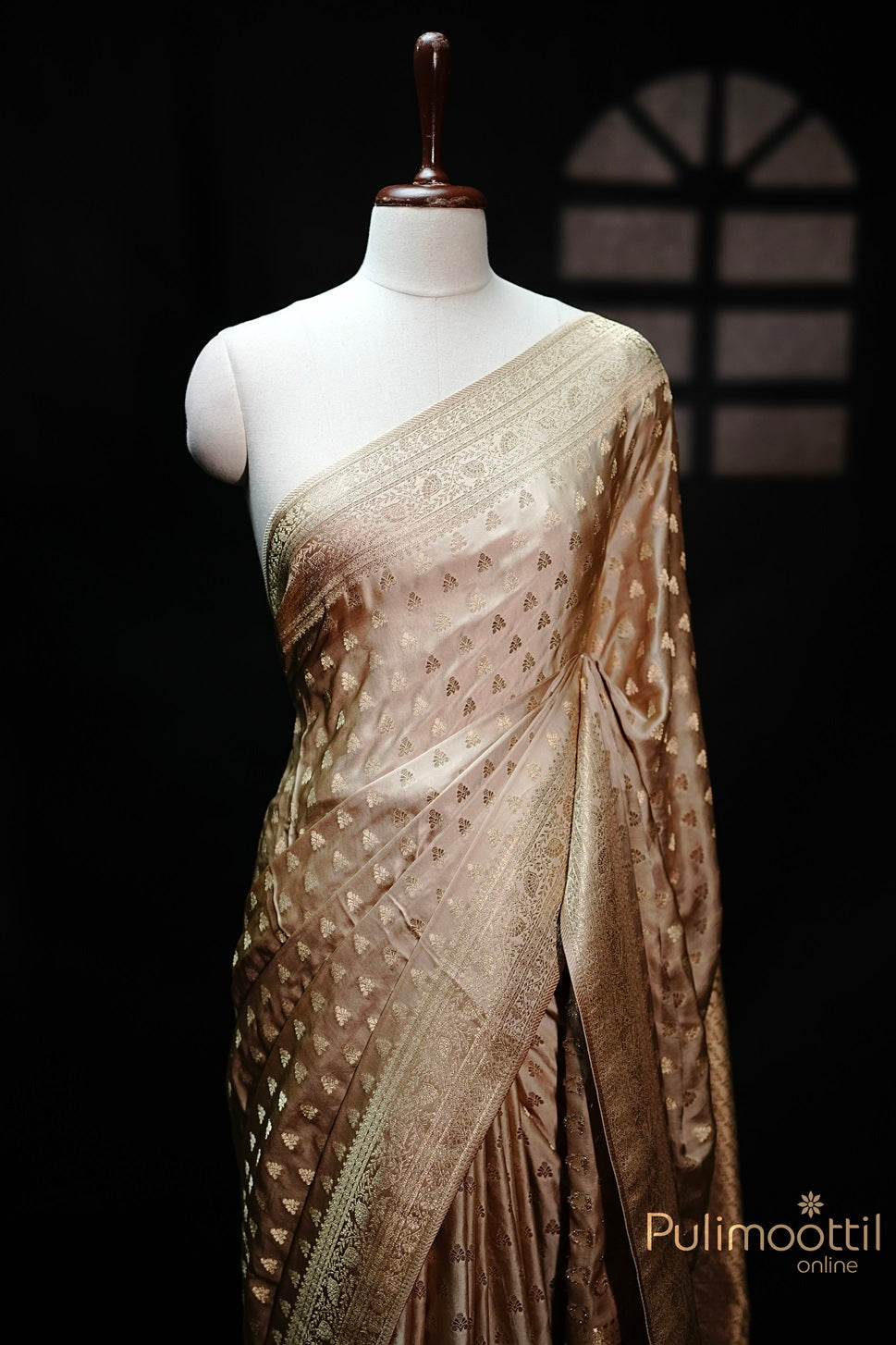 Chikku Colour Uppada Banarasi saree featuring light golden zari buttas and a traditional Banarasi border, elegantly draped.