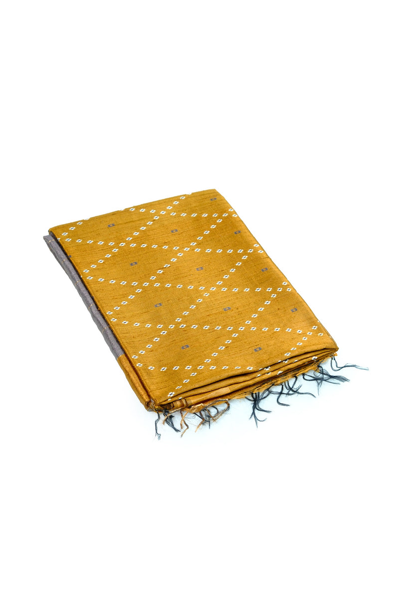 Mustard yellow color jute silk saree.