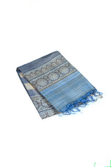 Ash blue & beige color jute silk saree.