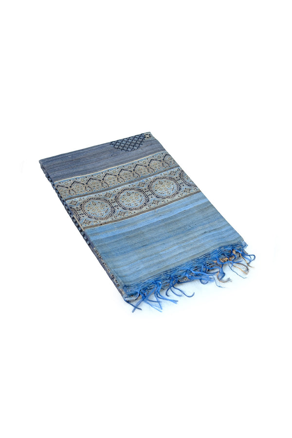 Ash blue & beige color jute silk saree.