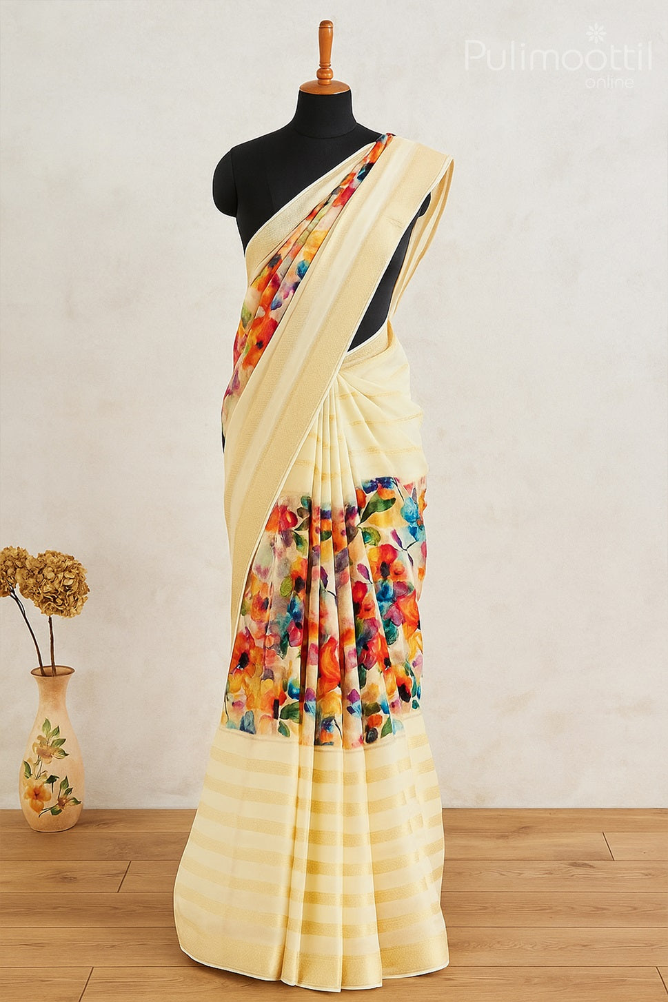 Kerala Cream Kasavu Saree with Colorful Floral Print and Golden Zari Border – Traditional Onam and Festive Wear for Women