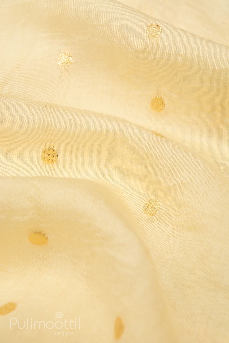 Close-up of Cream Tissue Fabric with Golden Zari Butta Detailing – Blouse Piece of Kerala Kasavu Saree