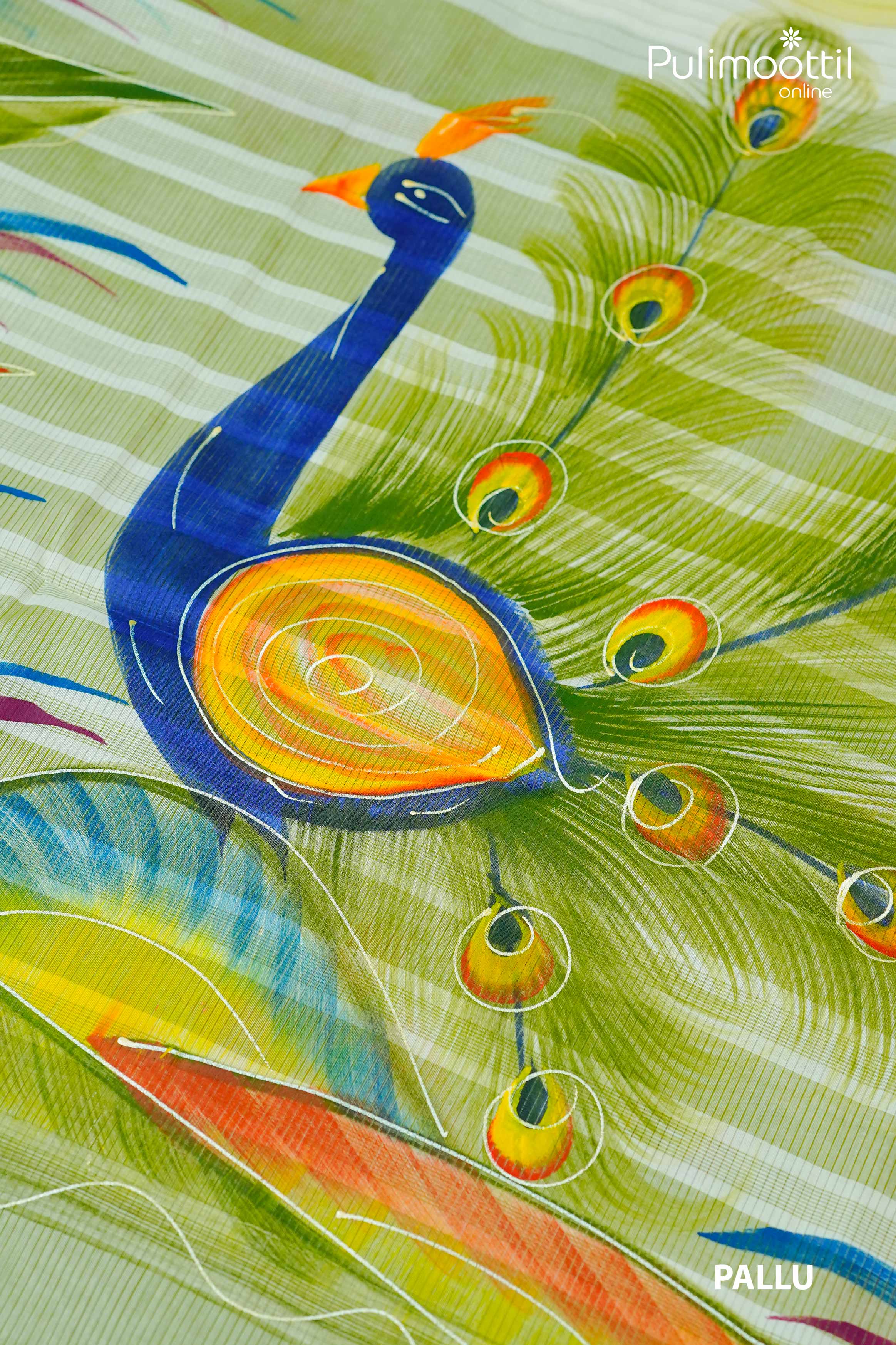 Close-up of pallu with vibrant free-hand peacock design and detailed feather motifs on cream Kerala traditional set saree with golden tissue border.