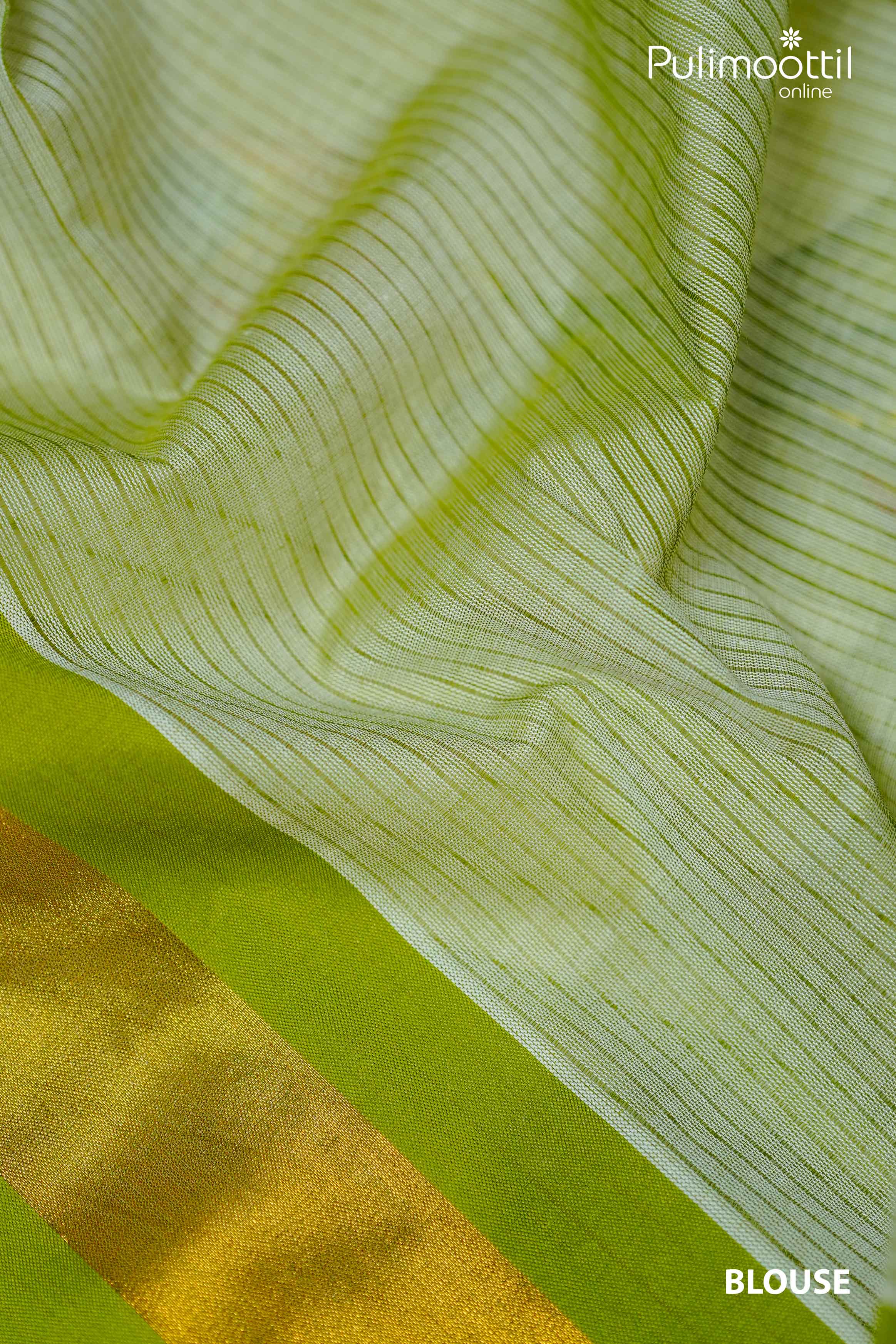 Contrast orange-toned green striped blouse piece with golden border for Kerala traditional set saree.