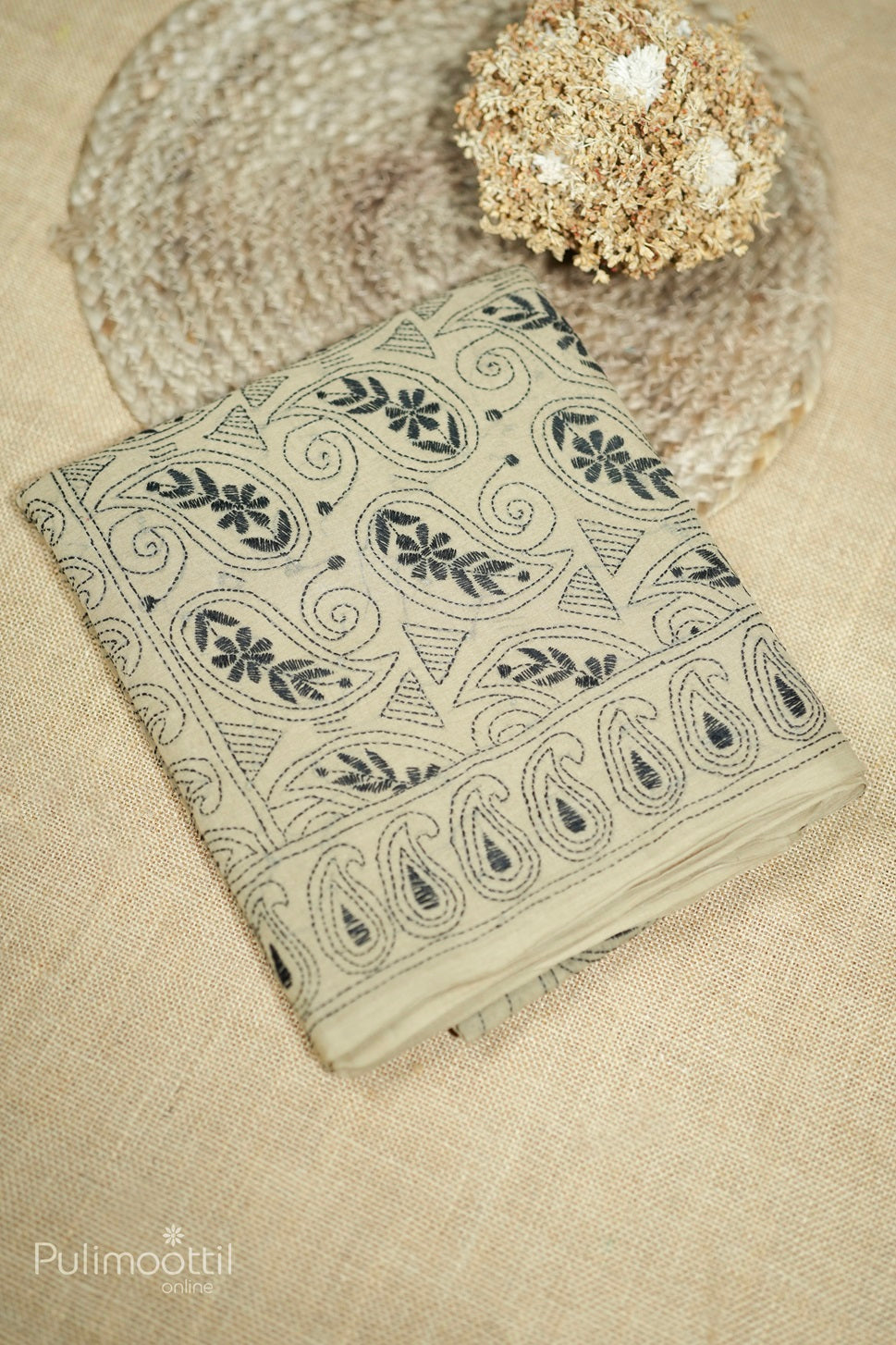 Light Chickoo Colour Hand Embroidery Pure Cotton Saree