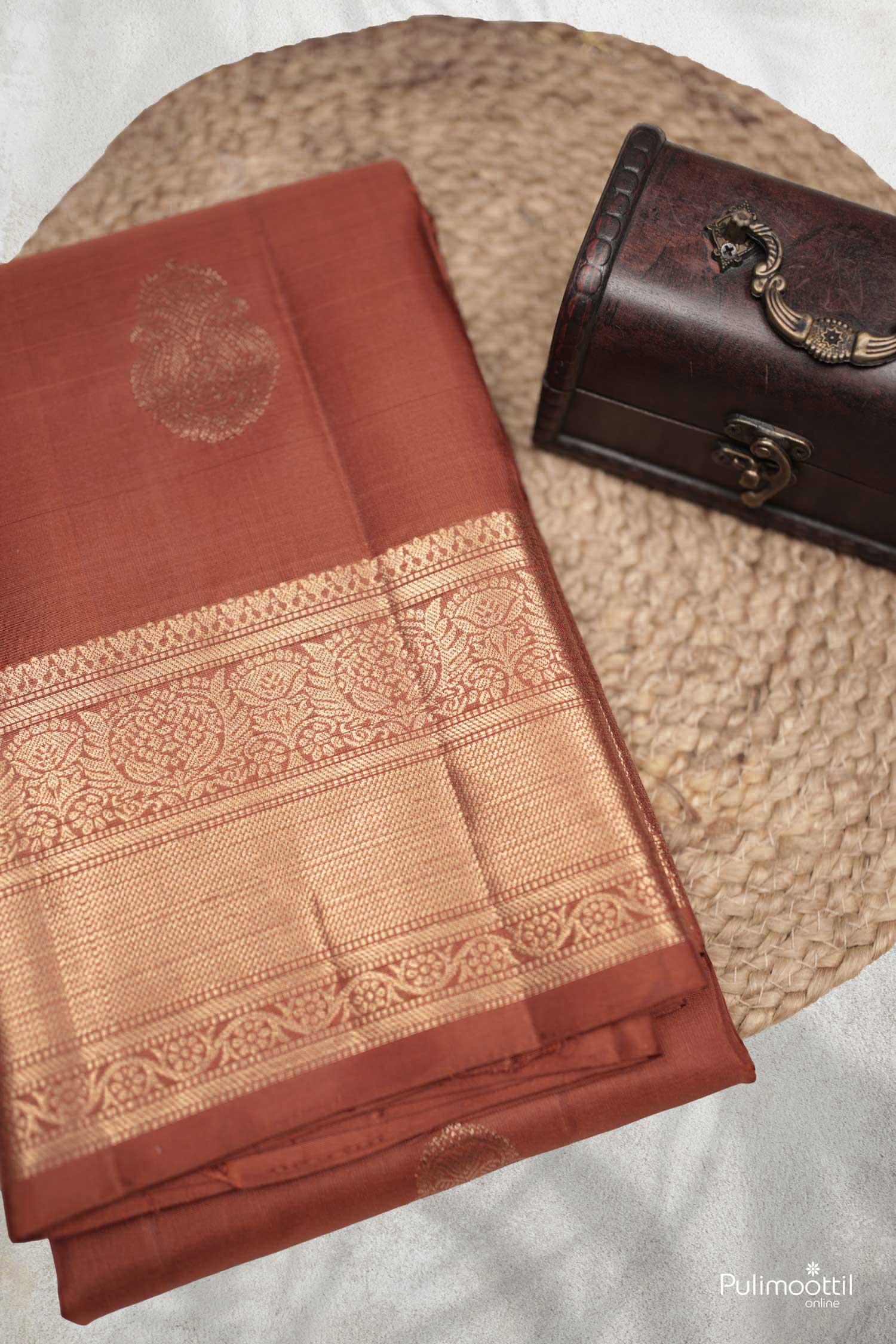 Dark Burned Orange Kanchipuram Soft Silk Saree