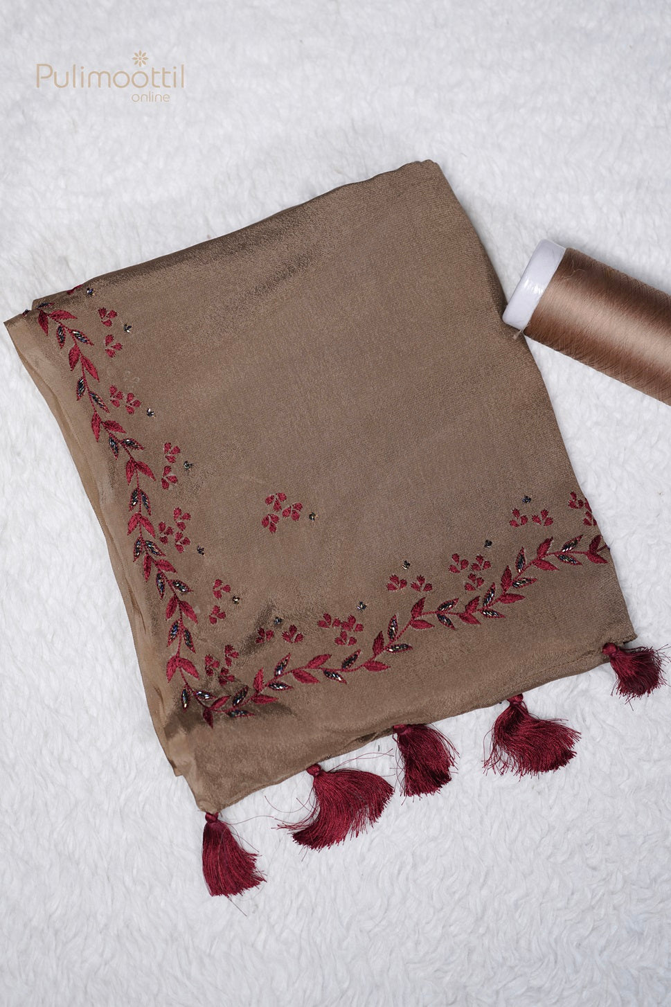 Dark Chikoo Shade Hand Embroidery Fancy Saree