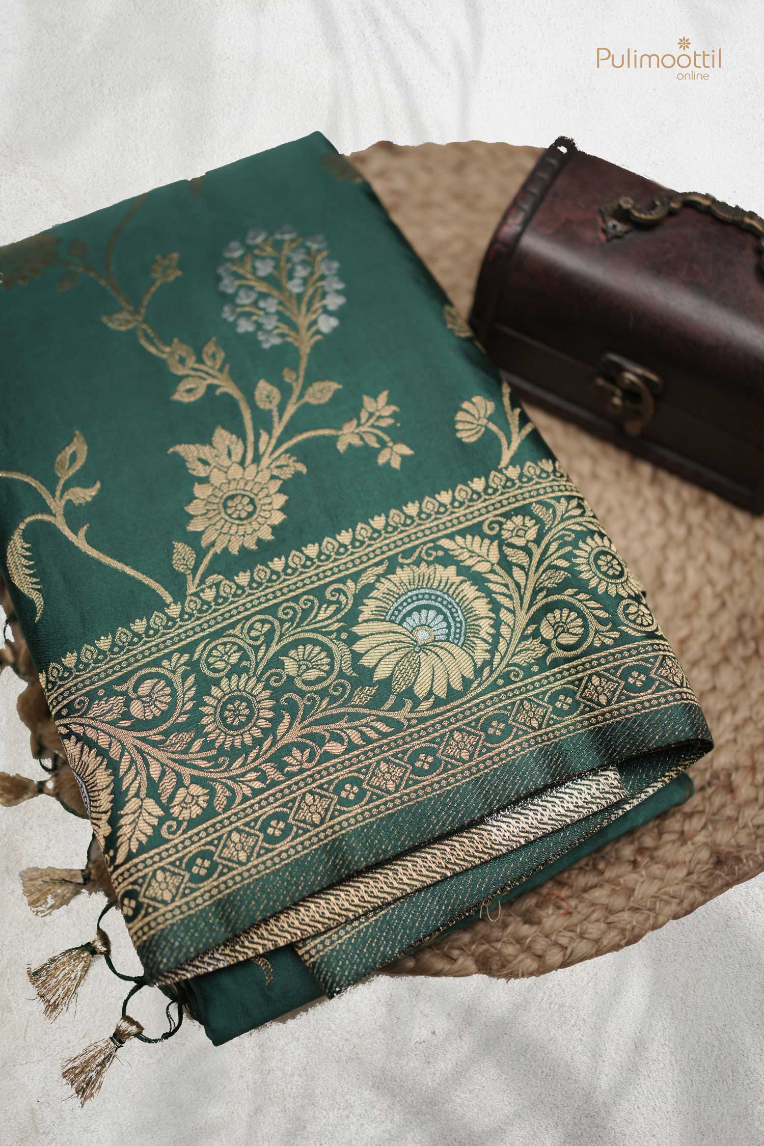 Bottle Green Colour Semi Banarasi Saree.