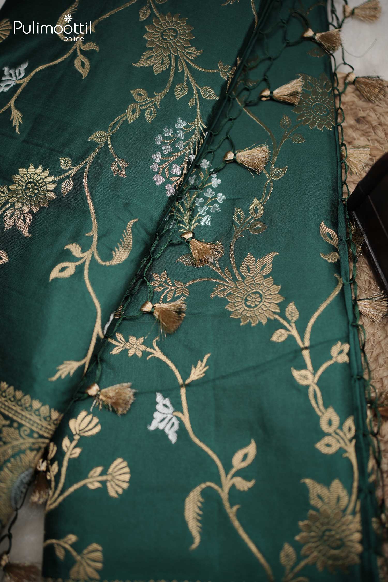 Bottle Green Colour Semi Banarasi Saree.