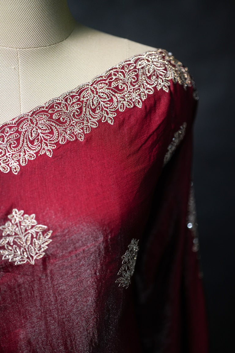 Maroon colour satin crepe fancy saree