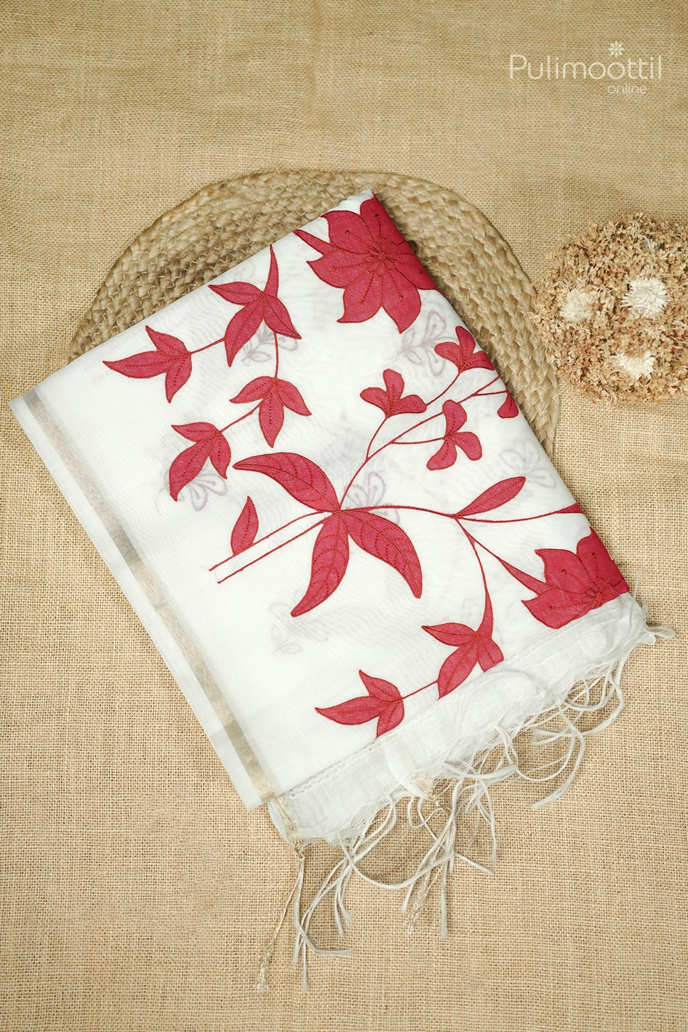 White Colour Semi Chanderi Appliqué Work Saree