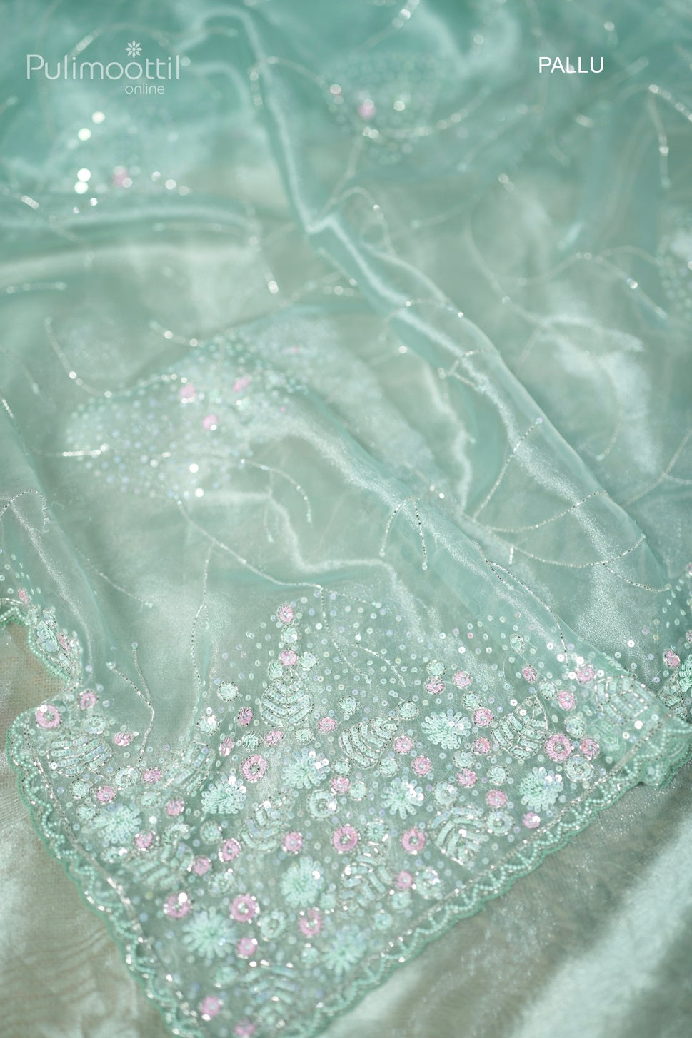 Light turquoise-colored organza fancy saree