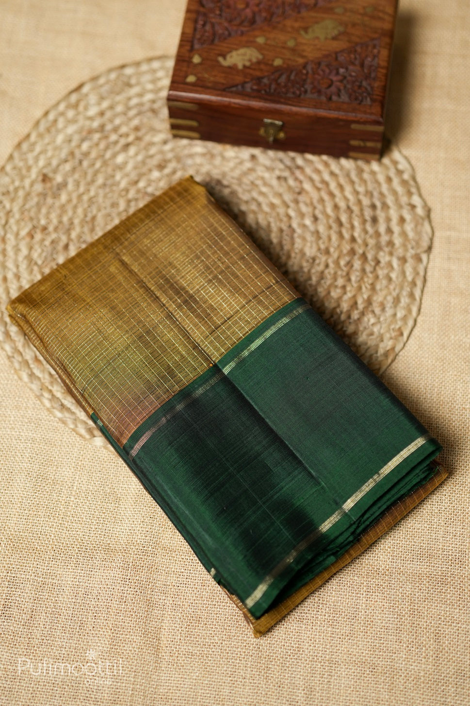 Caramel yellow-colored Kanchipuram soft silk saree