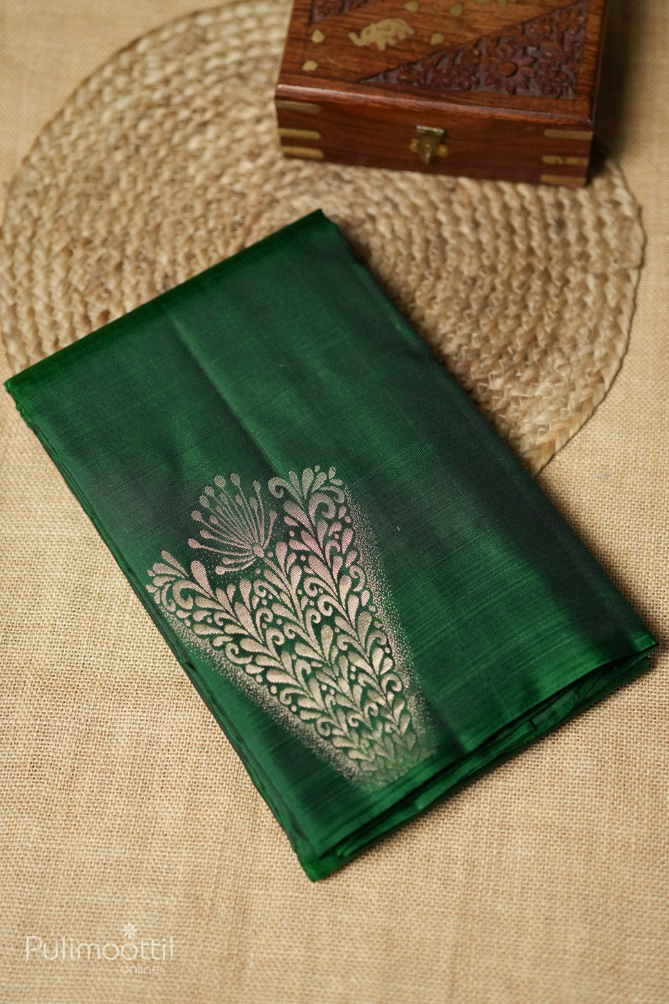 Bottle green-colored Kanchipuram soft silk saree