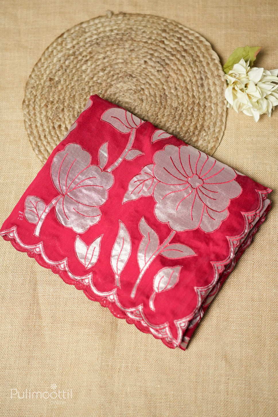 Red-colored appliqué work fancy saree