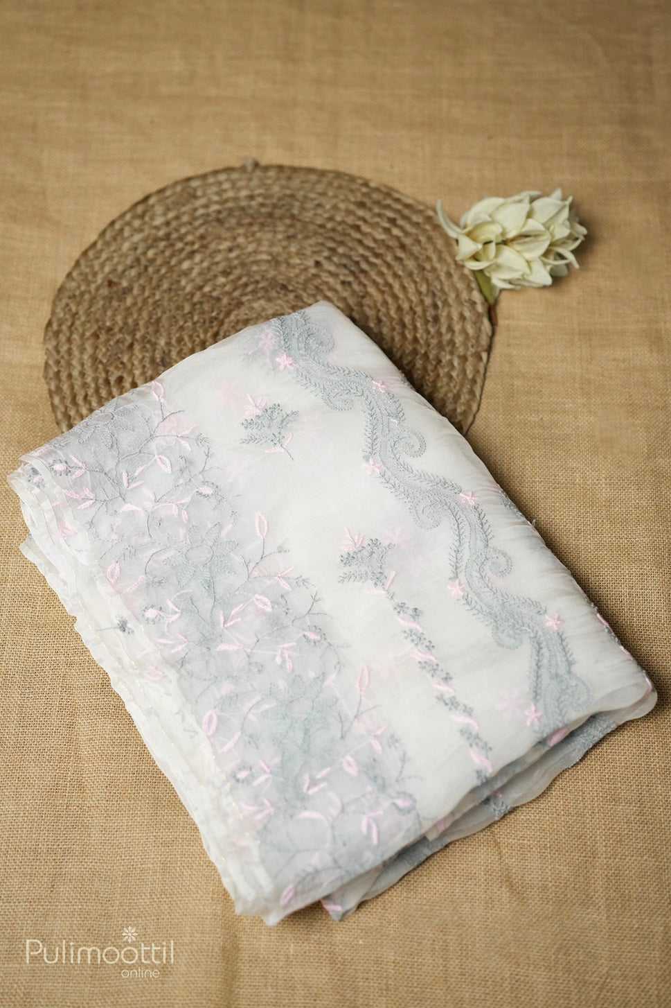 Off-white-colored Chikankari organza fancy saree