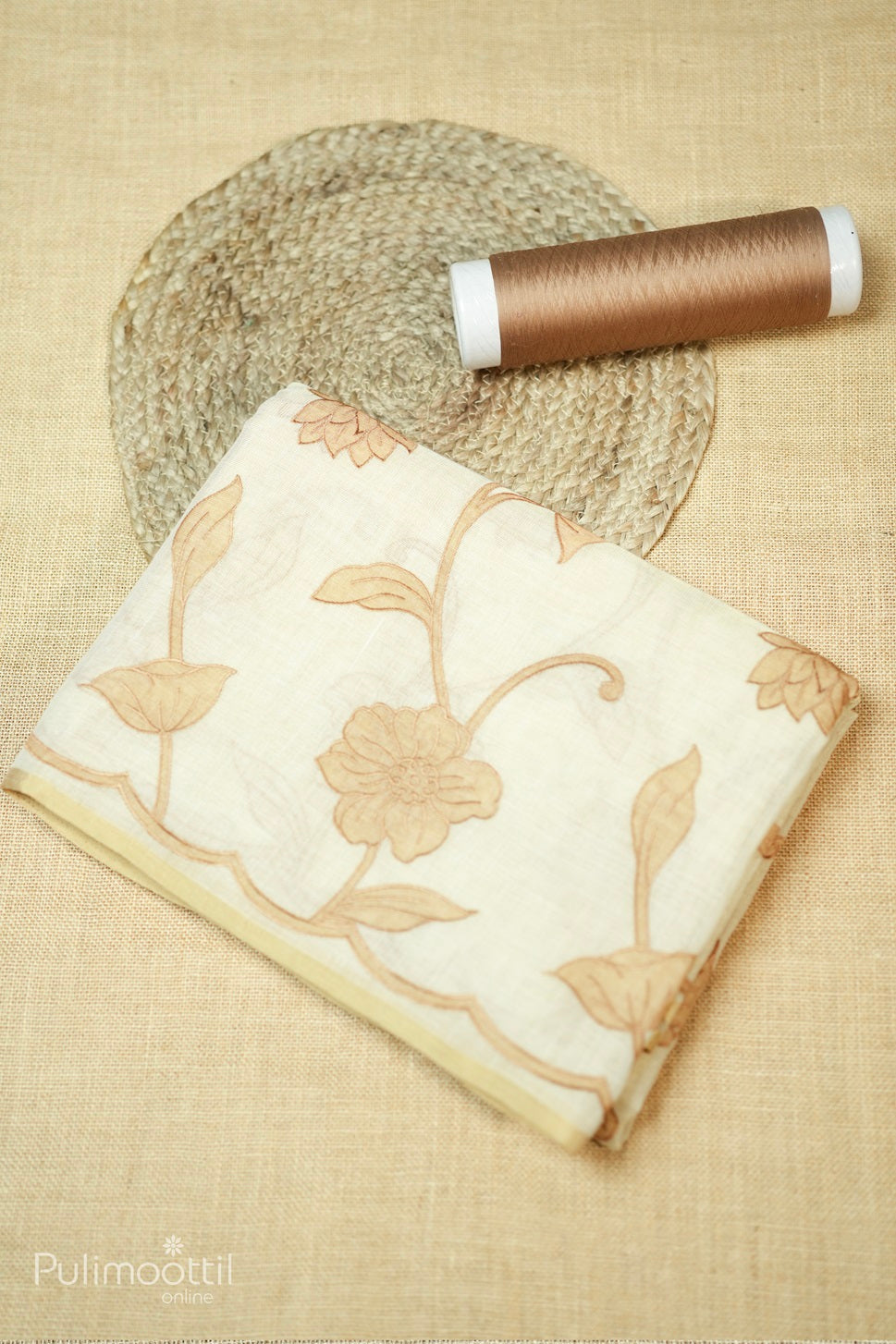 Cream Colour Golden Tissue Linen Saree