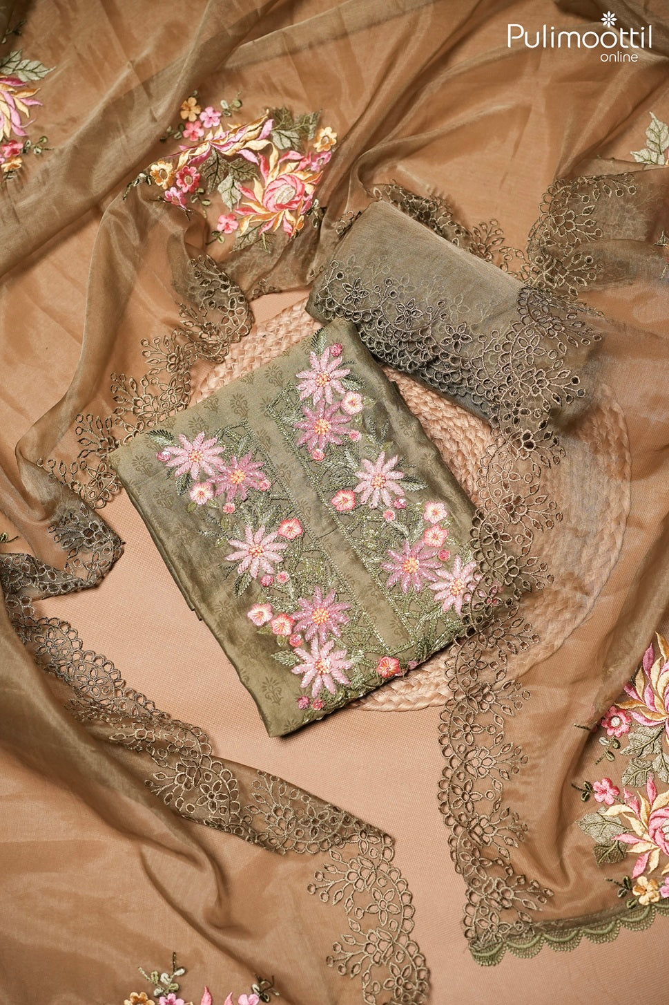 Olive Green Chanderi Unstitched Salwar Set