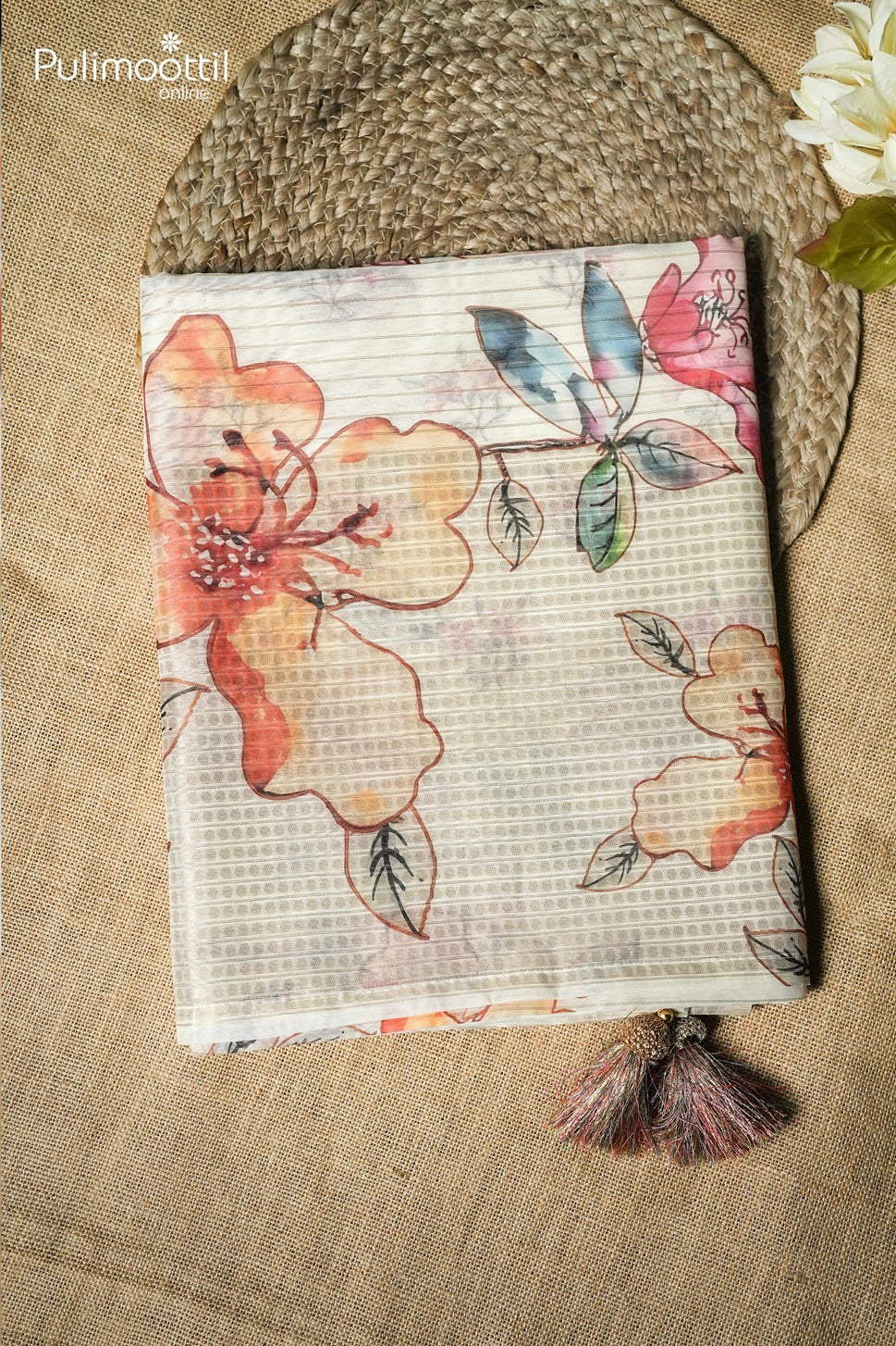 Off white color semi Chanderi printed fancy saree