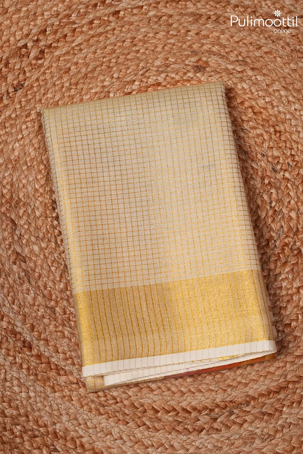 Kerala Traditional golden Tissue Grid Check Set Saree
