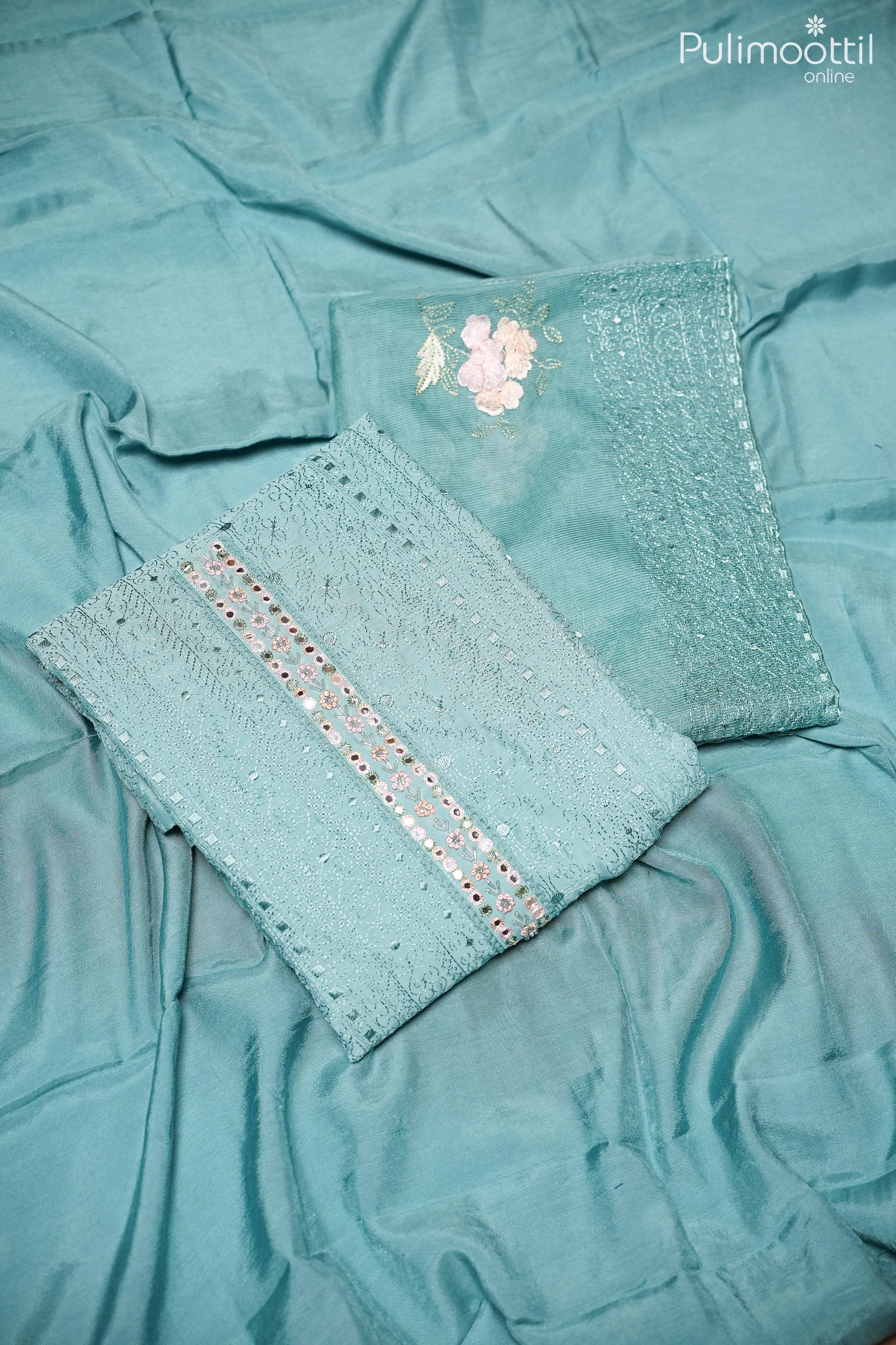 Light Peacock Green Semi Chanderi Unstitched Salwar Set