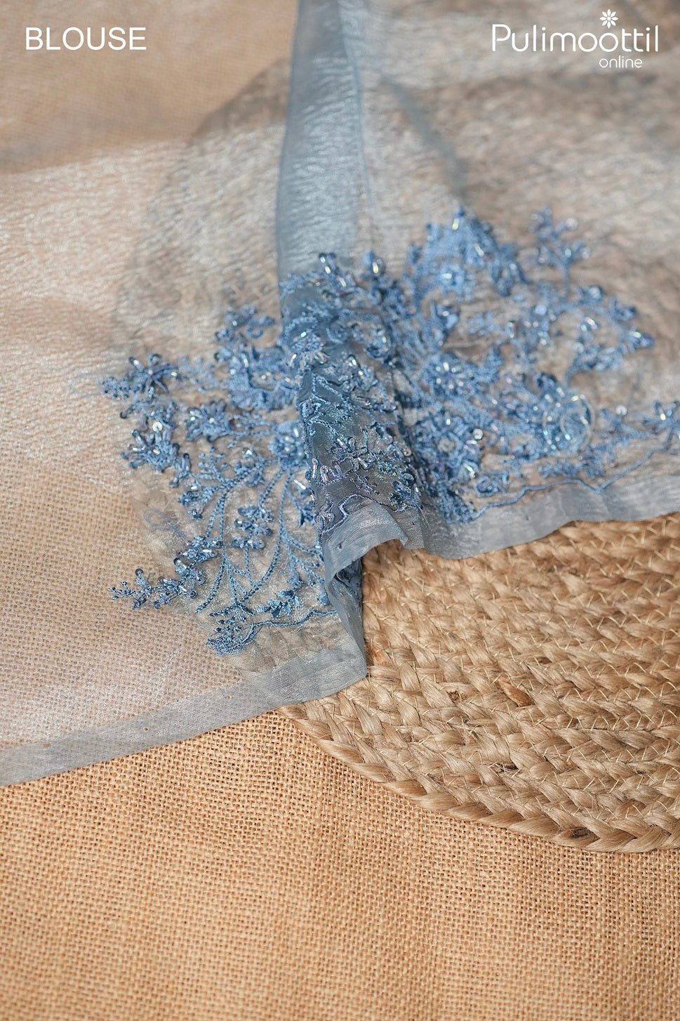 Blue grey color crushed organza fancy saree