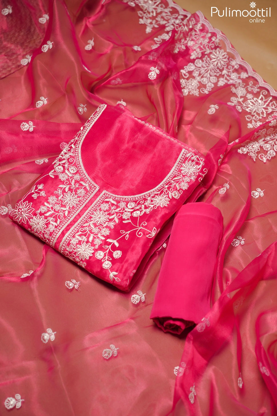 Rani Pink Organza Unstitched Salwar Set
