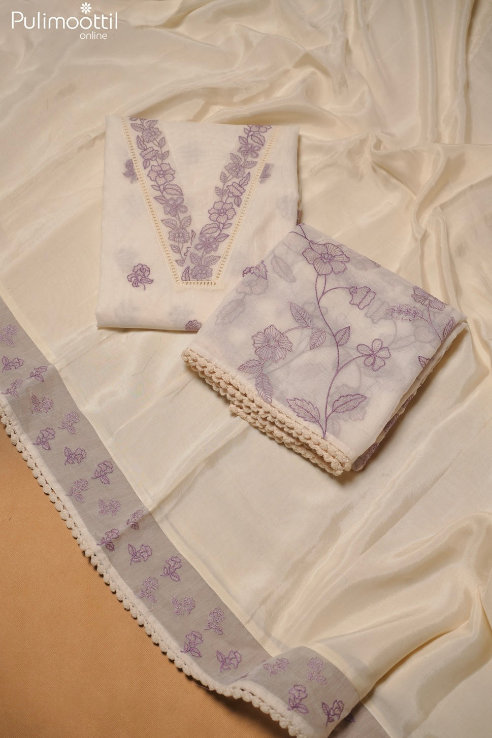 Off White Chanderi Unstitched Salwar Set