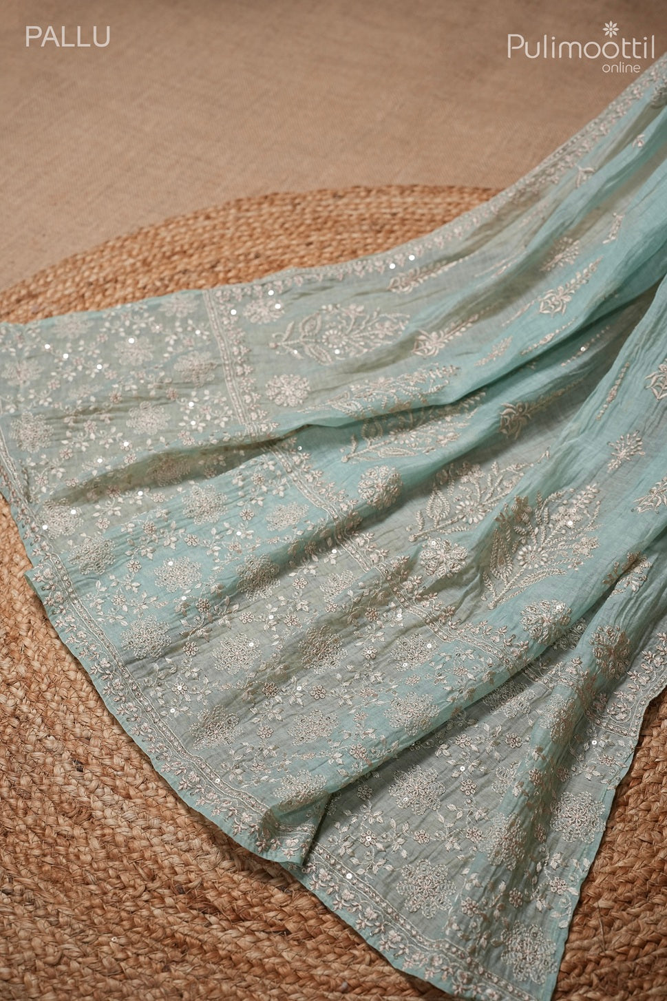 Light mint blue color crushed Chanderi silk saree