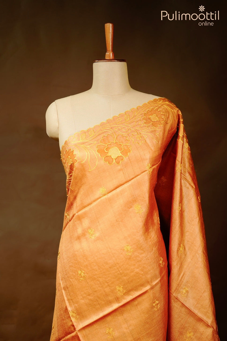 Golden yellow color appliqué work Tussar silk saree
