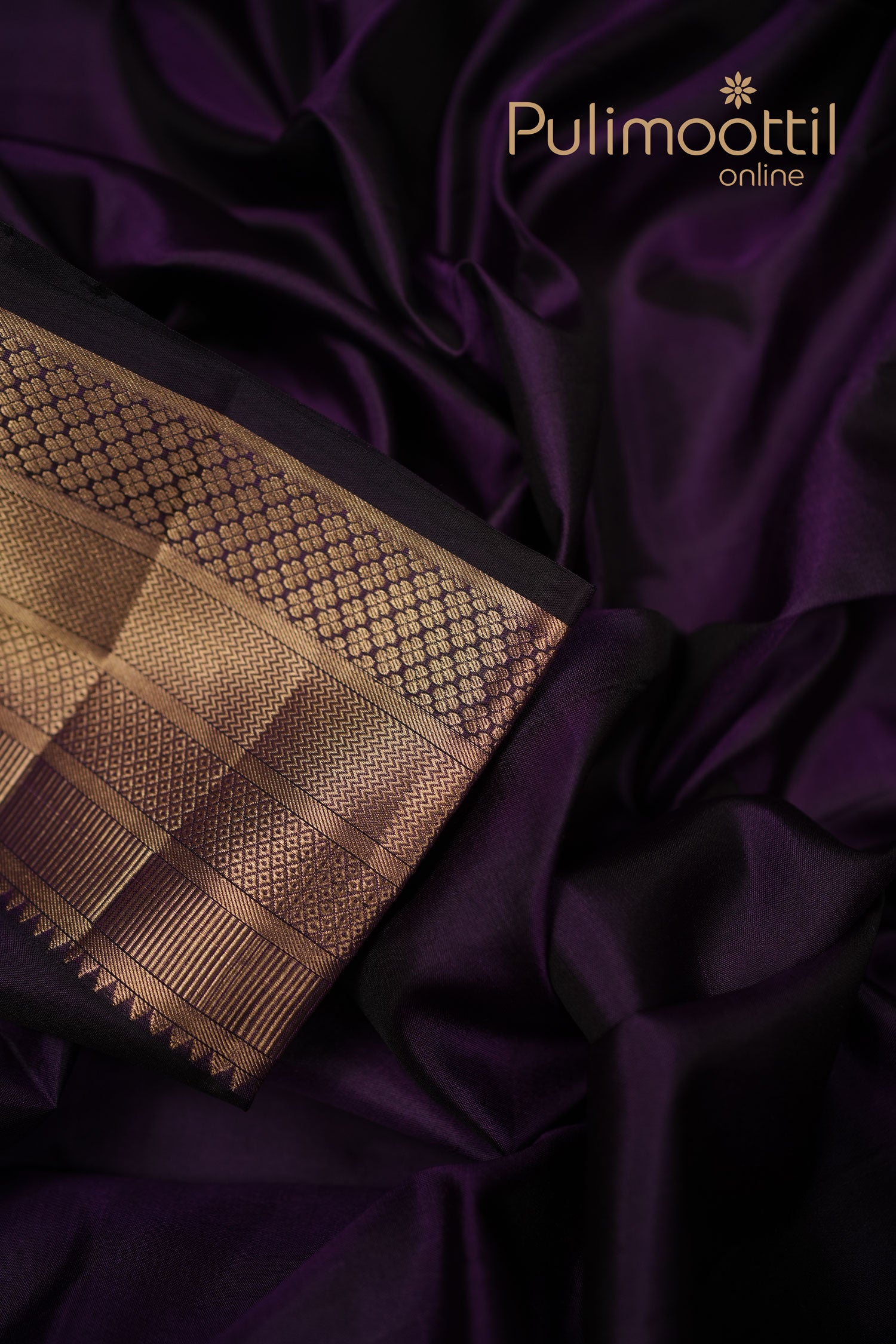 Dark purple Kanchipuram silk saree with fine golden zari stripes and scattered small buttas, draped to reveal the intricate zari border and lustrous folds.