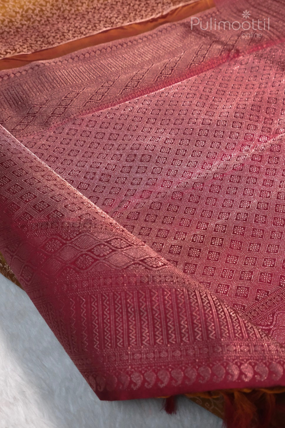 Dijon yellow pure Kanchipuram silk brocade saree with maroon border and traditional geometric patterns