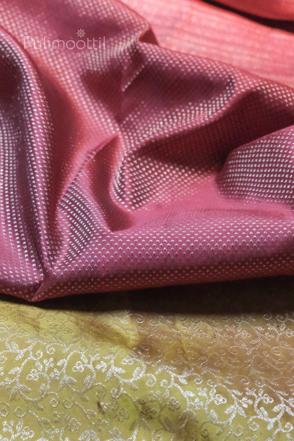 Pink silk blouse piece with geometric patterns matching dijon yellow Kanchipuram brocade saree