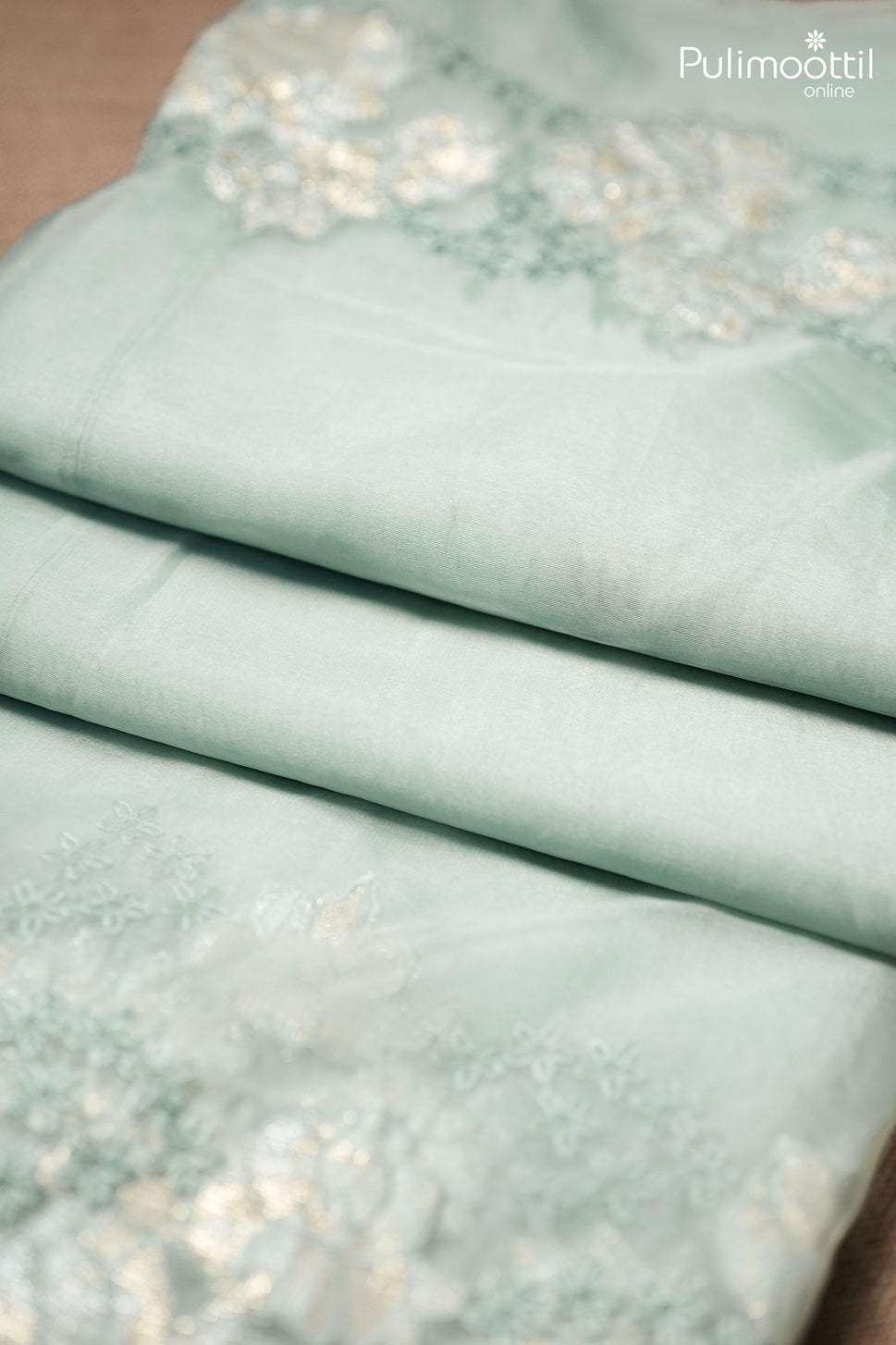Pastel mint green color organza fancy saree