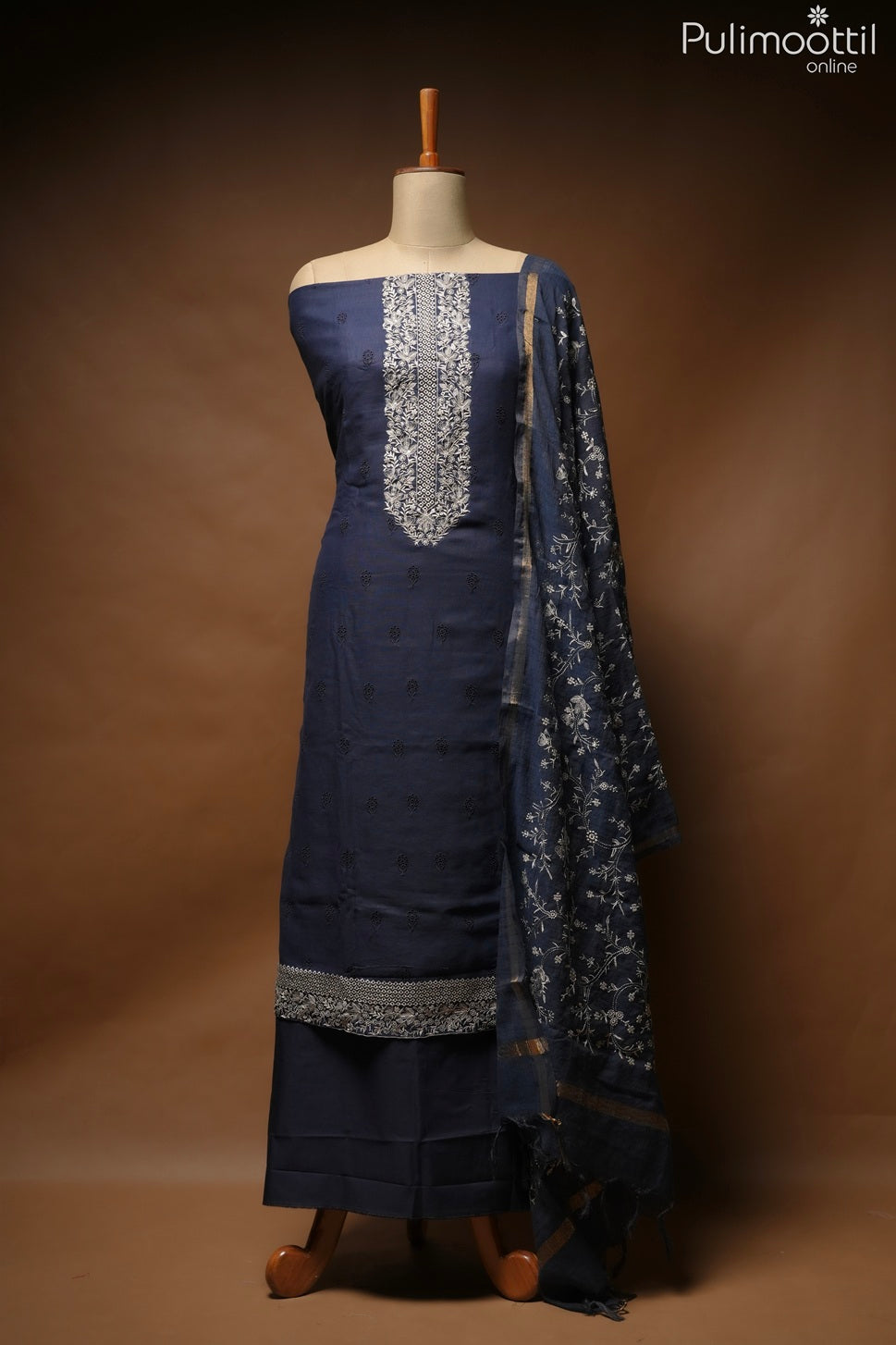 Dark Blue Linen Unstitched Salwar Set