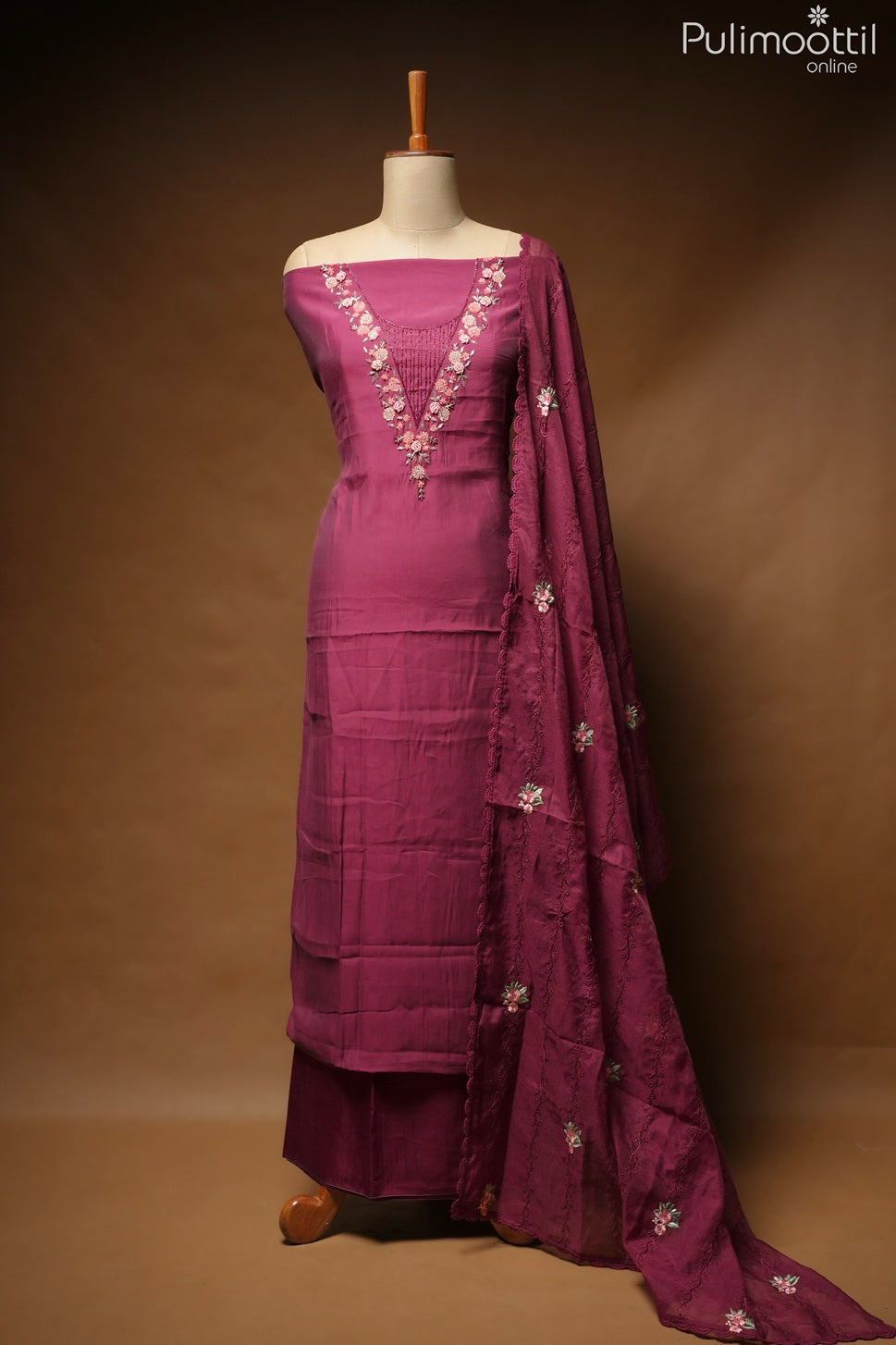Maroon Blended Chanderi Unstitched Salwar Set