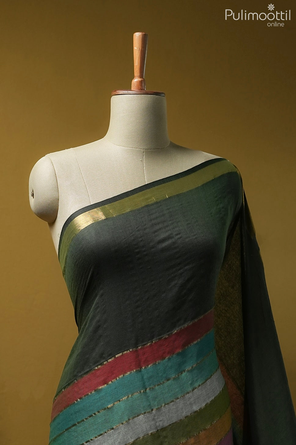 Olive green color Mul Cotton saree
