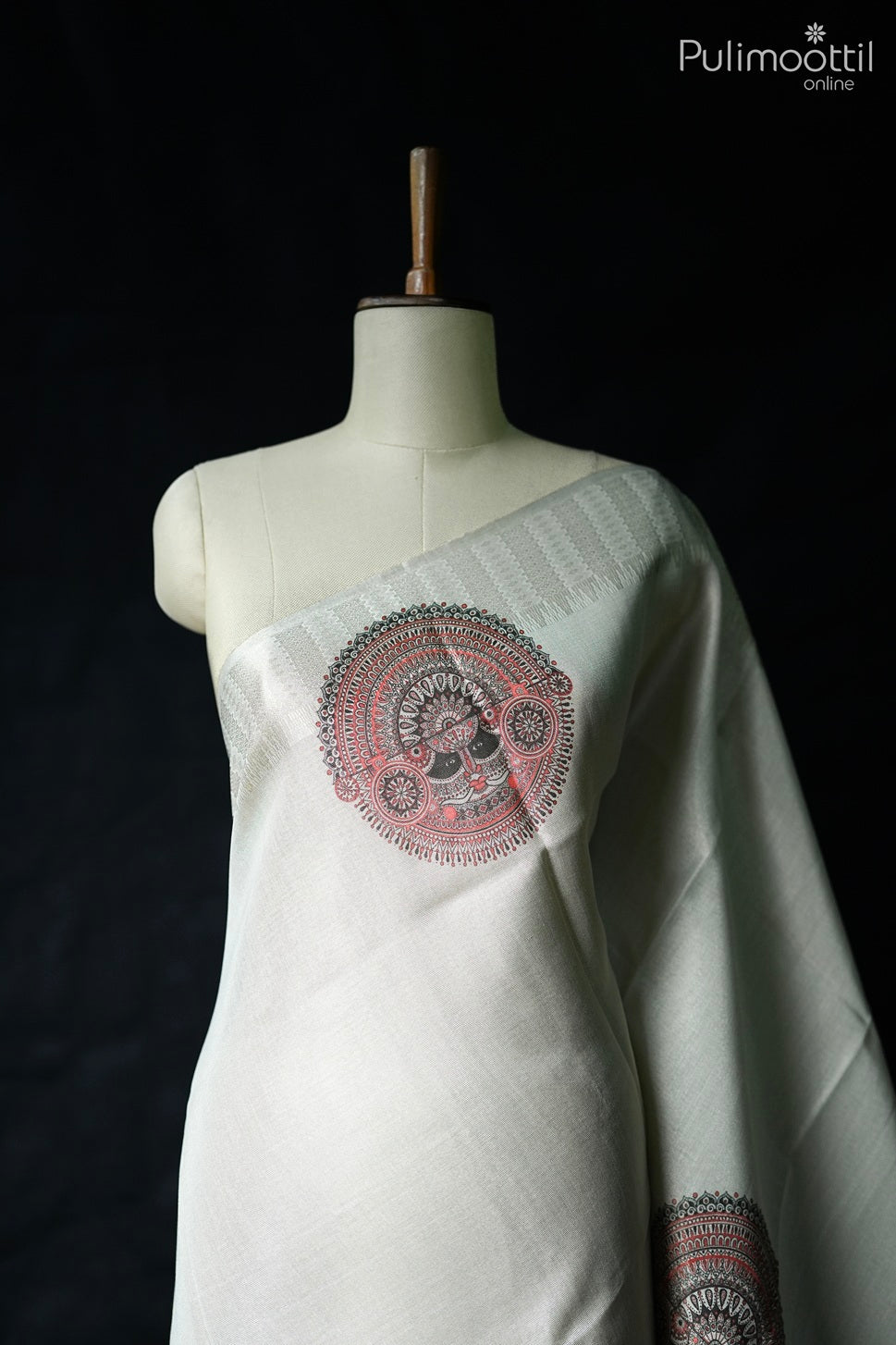 White golden tissue Theyyam print fancy saree